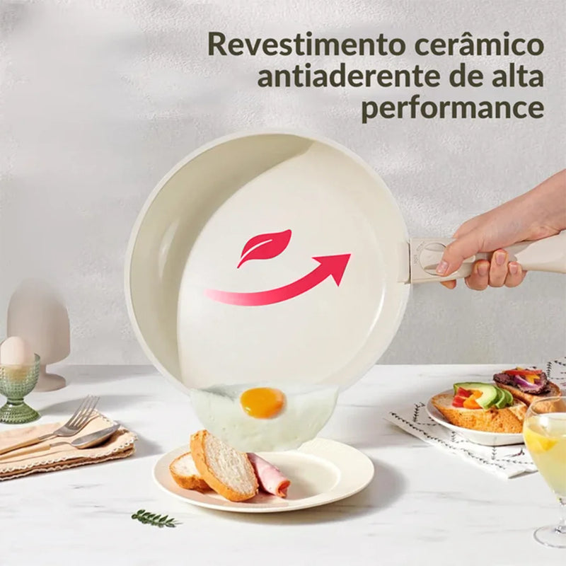 Kit Panelas De Cerâmica Premium com Pegador Removível + BRINDE: Kit Utensílios