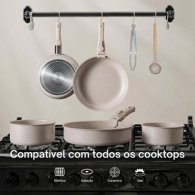 Kit Panelas De Cerâmica Premium com Pegador Removível + BRINDE: Kit Utensílios