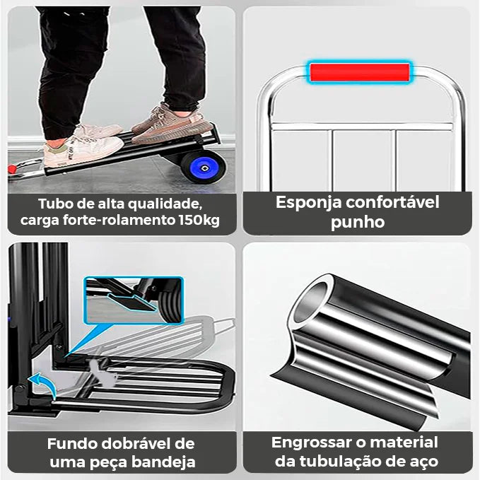 [Leve 2 Pague 1] Carrinho Portátil Dobrável de Inox Multifunções + BRINDE: 3 Cordas Extrema Espessura