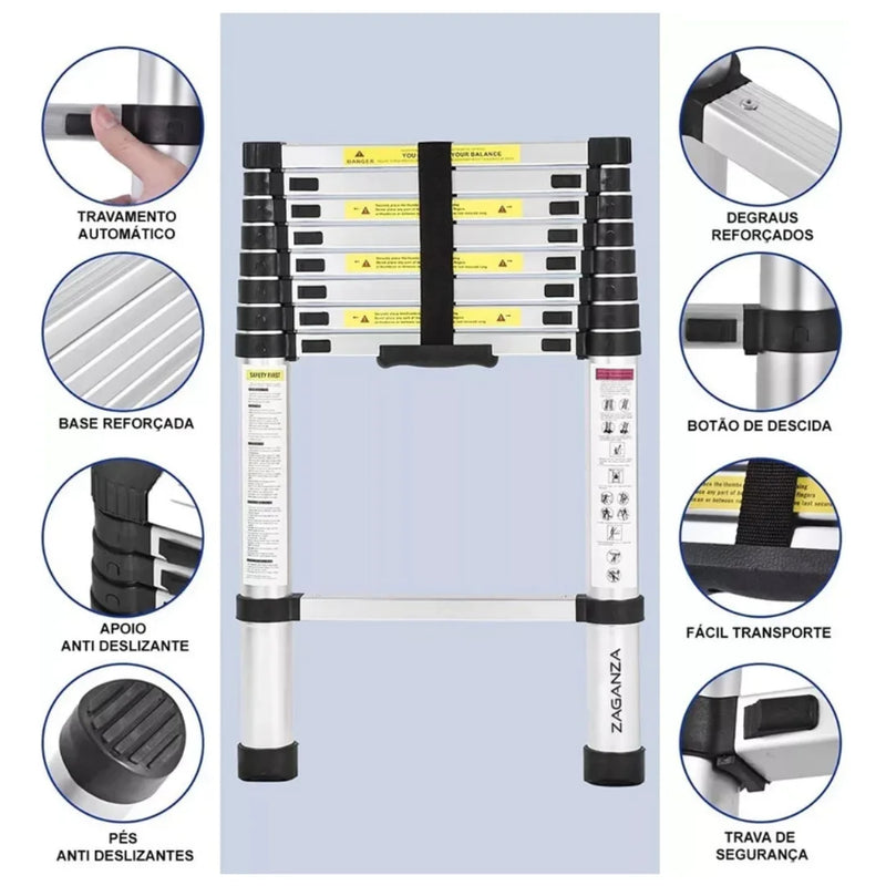 [Leve 2 Pague 1] Escada Telescópica 13 Degraus Premium + BRINDE: Suporte Para Ferramentas + Kit Ferramentas