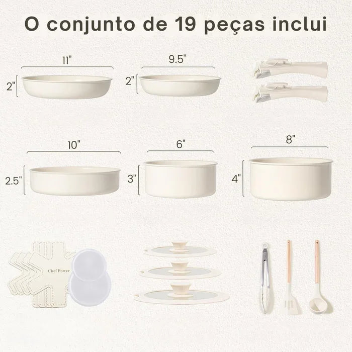 Kit Panelas De Cerâmica Premium com Pegador Removível + BRINDE: Kit Utensílios