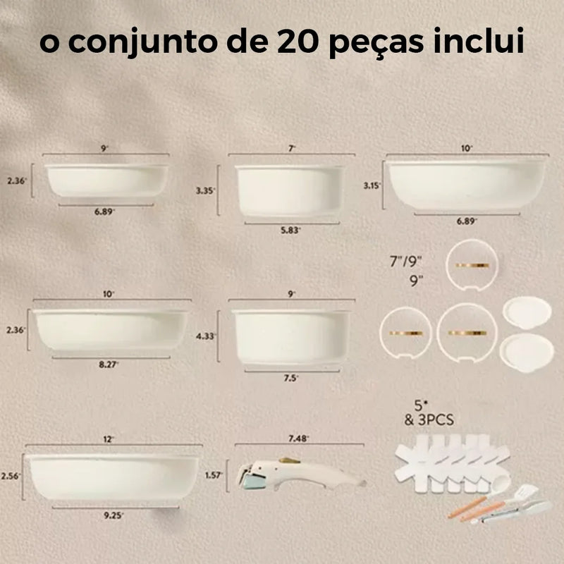 Kit Panelas De Cerâmica Premium com Pegador Removível + BRINDE: Kit Utensílios