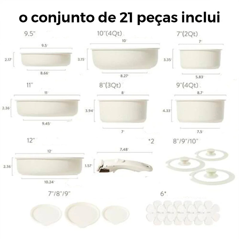 Kit Panelas De Cerâmica Premium com Pegador Removível + BRINDE: Kit Utensílios