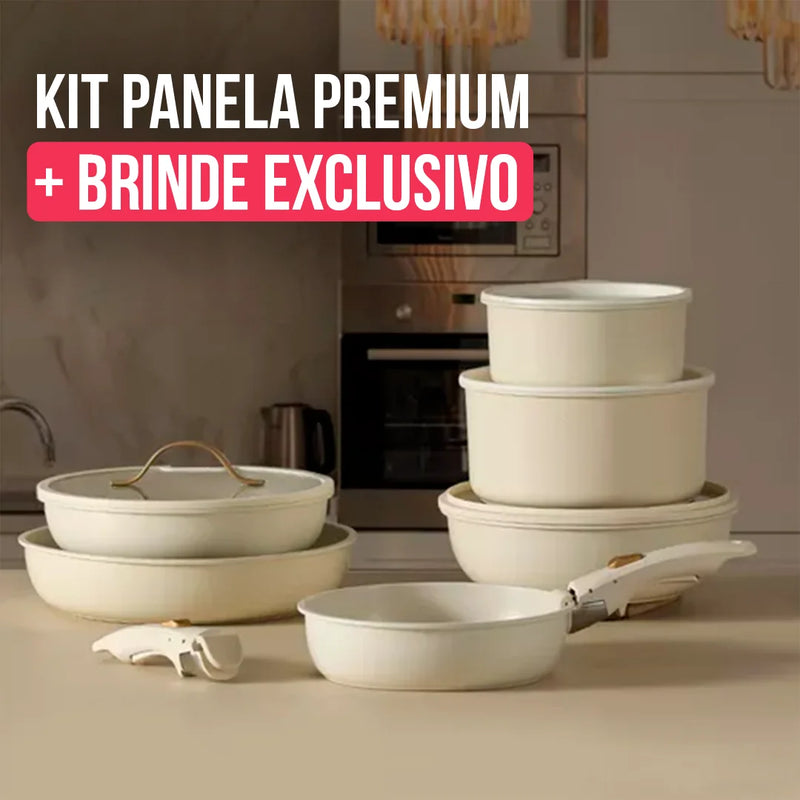 Kit Panelas De Cerâmica Premium com Pegador Removível + BRINDE: Kit Utensílios